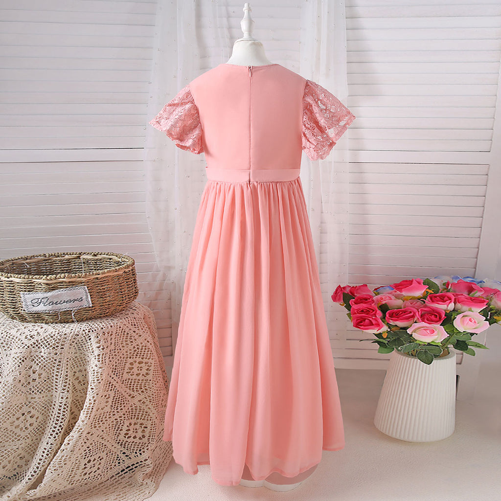 Girls Peach Solid Laced Short Sleeves Drop Waist Dress Casual Dresses