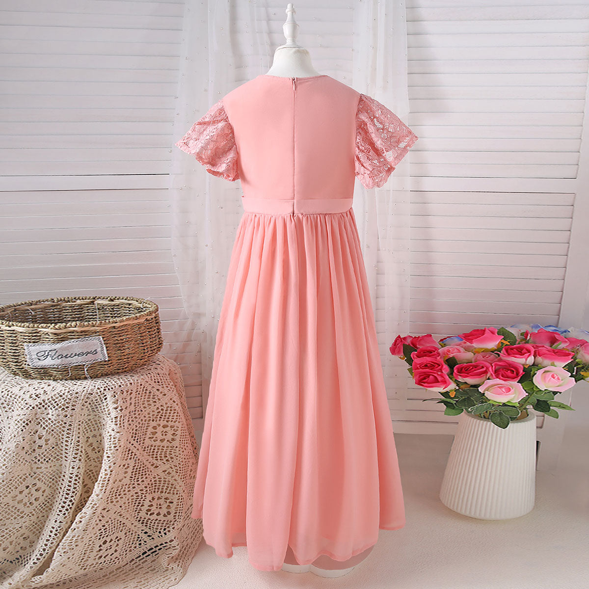 Girls Peach Solid Laced Short Sleeves Drop Waist Dress Casual Dresses