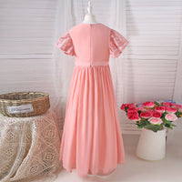 Girls Peach Solid Laced Short Sleeves Drop Waist Dress Casual Dresses