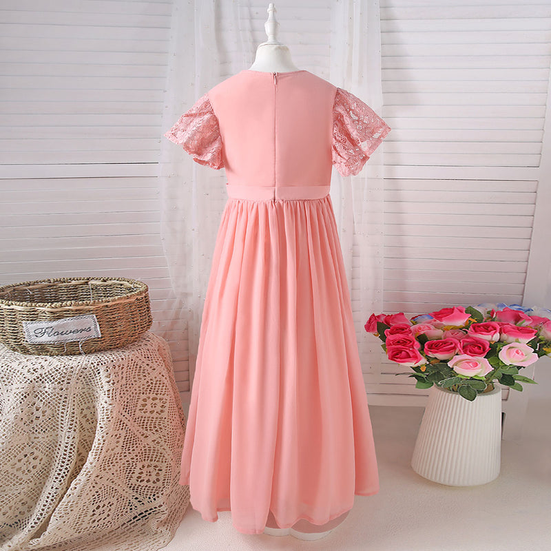 Girls Peach Solid Laced Short Sleeves Drop Waist Dress Casual Dresses