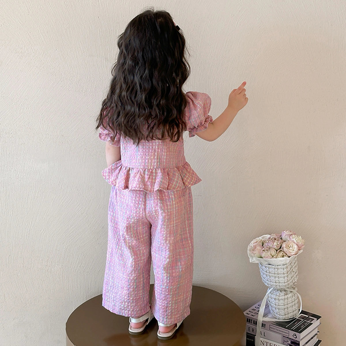 Girls Pink Checked Puff Sleeves Top With Pants Co-ord Sets Sets