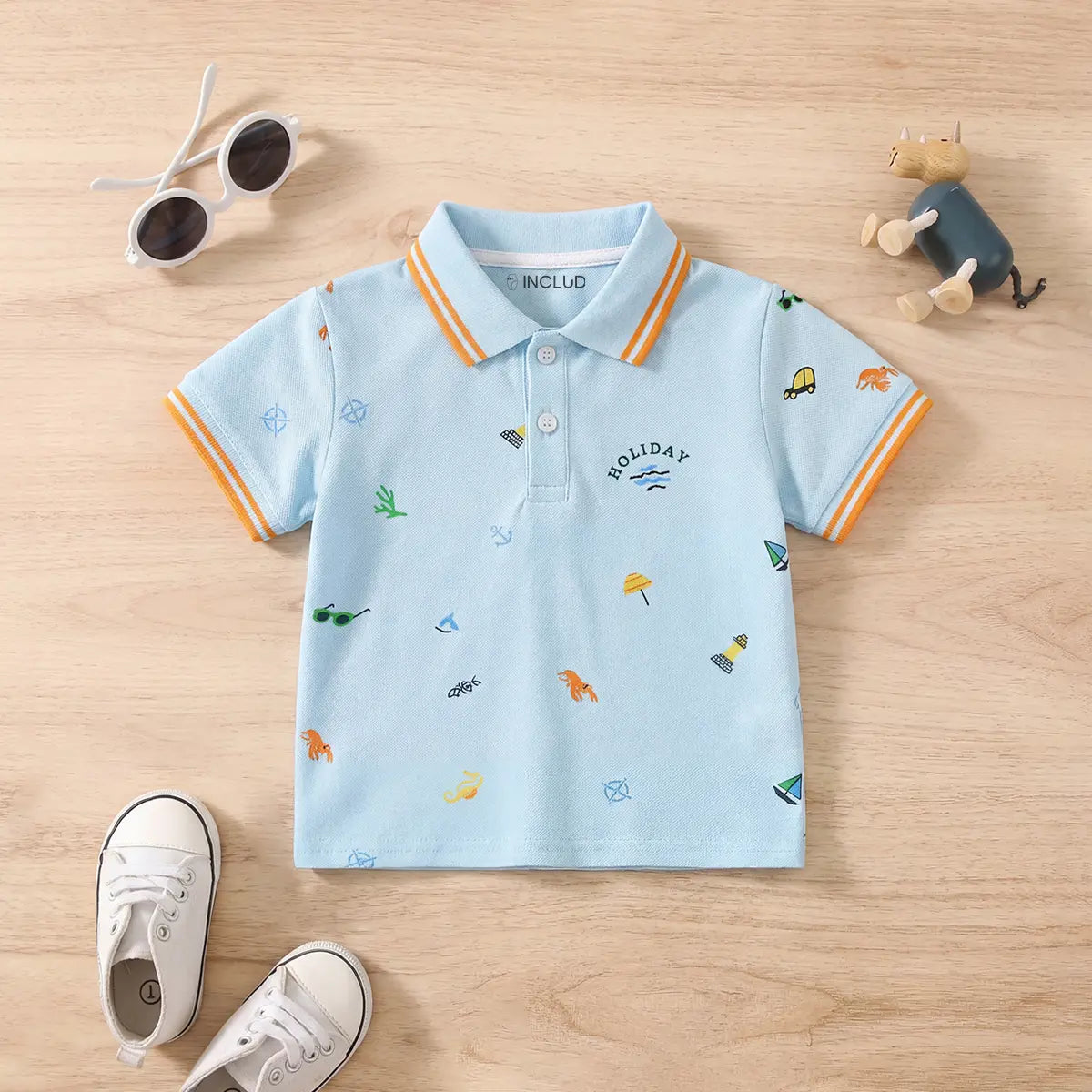 Boys Sky Blue Short Sleeve Beach Print Polo T-Shirt Tshirts Sky Blue 1-2 Y