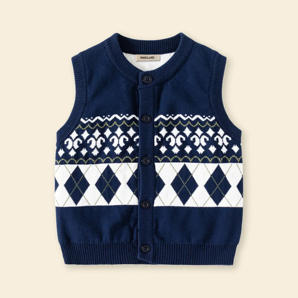 Girls Navy Blue Self-Design Argyle Pattern Button-up Cardigan Sweaters & Cardigans