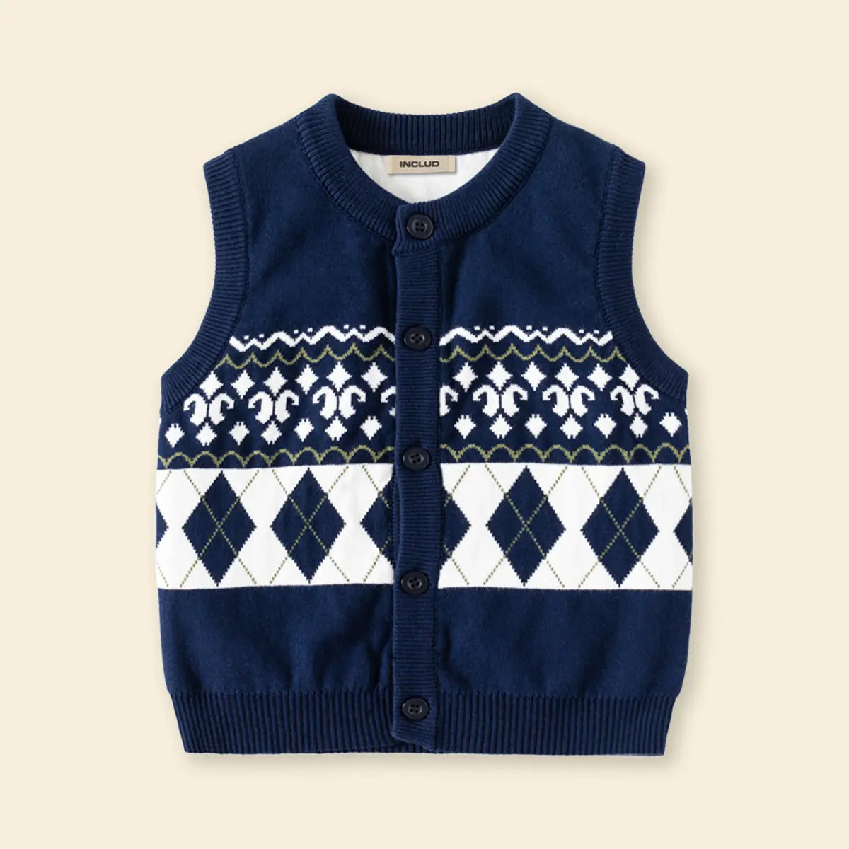Girls Navy Blue Self-Design Argyle Pattern Button-up Cardigan Sweaters & Cardigans