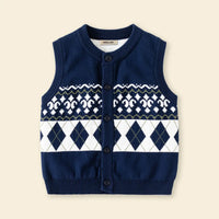 Girls Navy Blue Self-Design Argyle Pattern Button-up Cardigan Sweaters & Cardigans