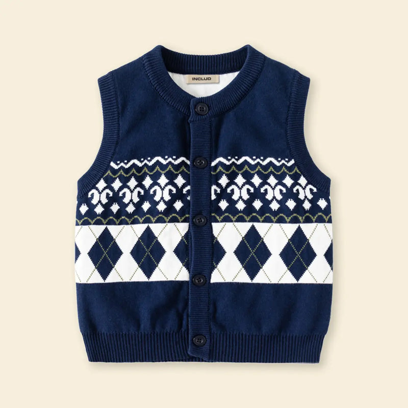 Girls Navy Blue Self-Design Argyle Pattern Button-up Cardigan Sweaters & Cardigans