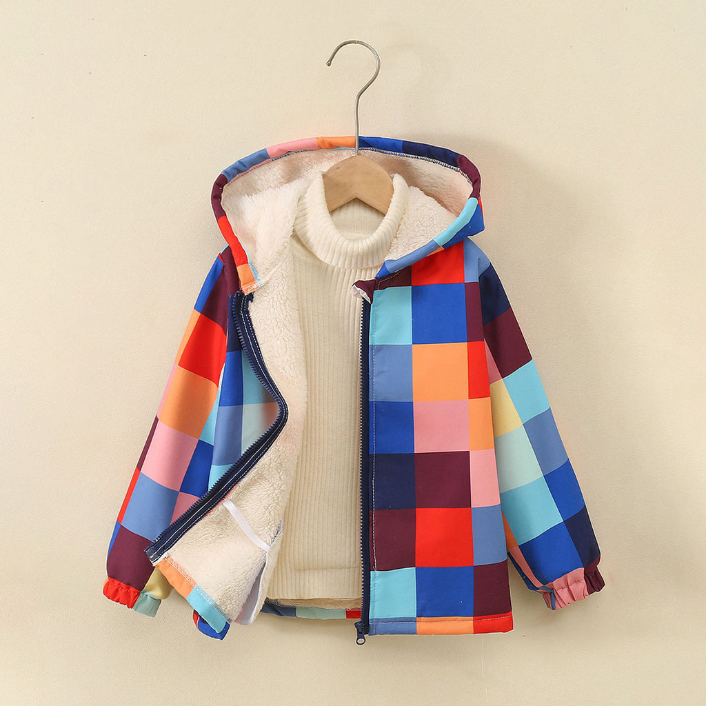 Boys Multicolor Checked Front Zipper Hooded Winter Jacket Coats & Jackets Multicolor 1-2 Y
