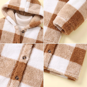 Girls Brown Checked Long Sleeve Hooded Jacket Coats & Jackets
