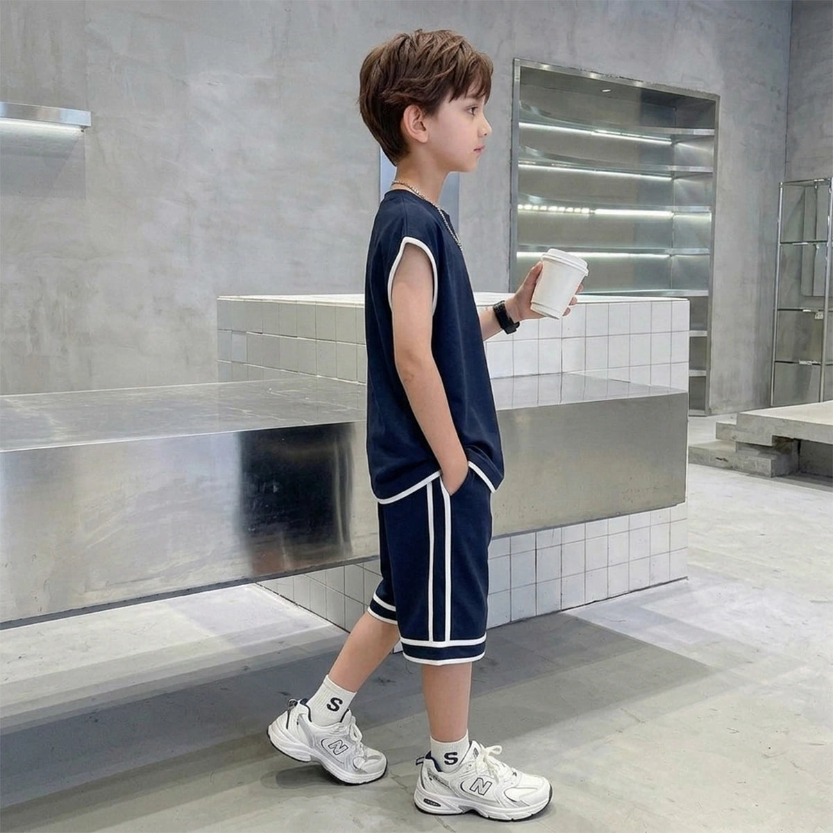 Boys Navy Blue Typographic Sleeveless T-Shirt With Elasticated Shorts Sets Sets