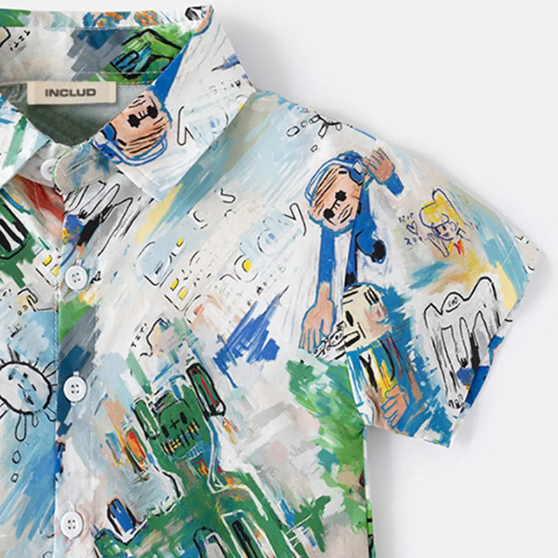 Boys Multicolor Robot Cartoon Printed Short Sleeves Shirt Shirts