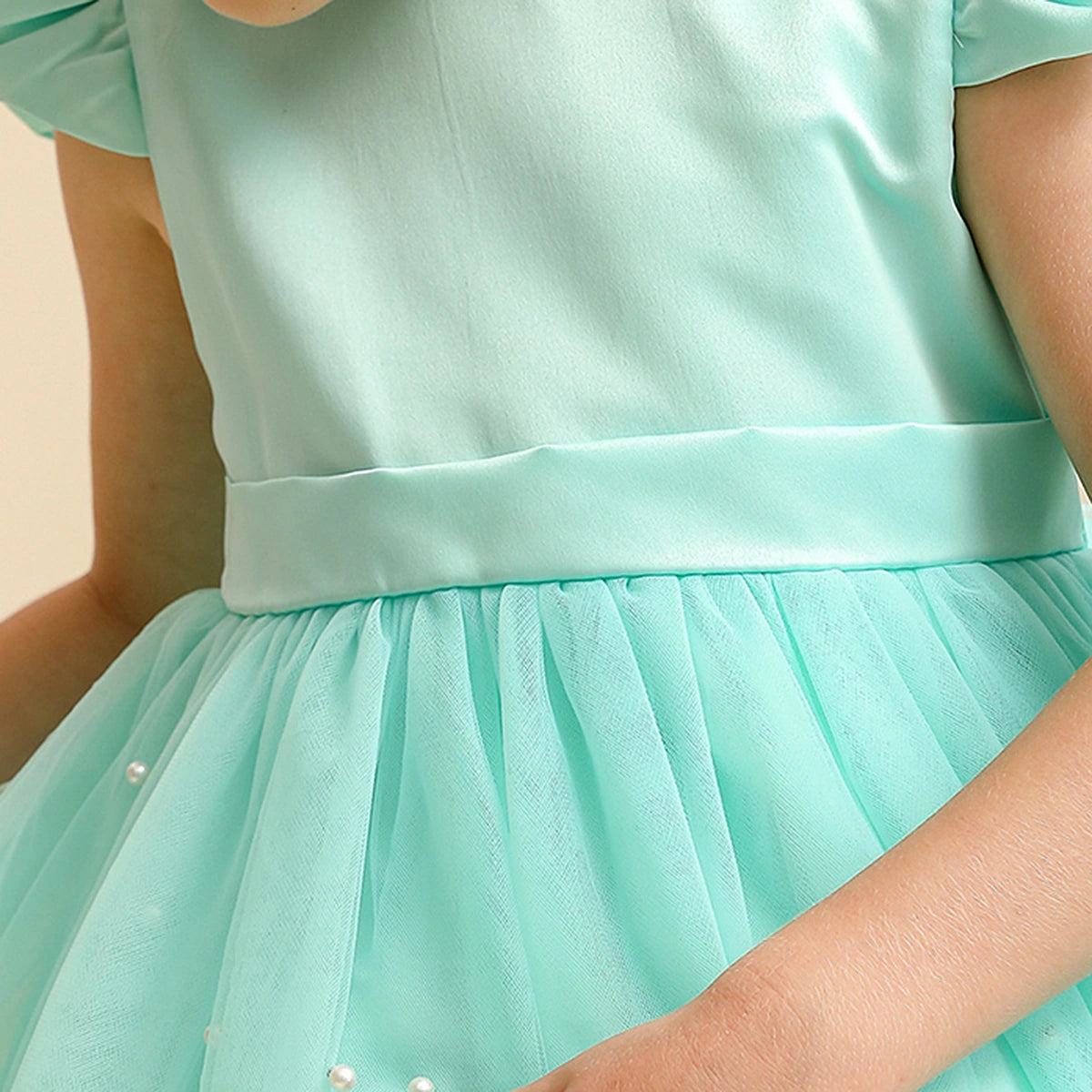 Girls Light Green Pearl-Embellished Flutter Sleeve Fit & Flare Dress Casual Dresses