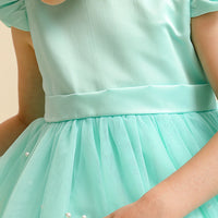 Girls Light Green Pearl-Embellished Flutter Sleeve Fit & Flare Dress Casual Dresses