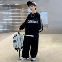 Boys Black Typographic Printed Sweatshirt With Pants Set Sets