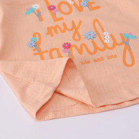 Girls Orange Typographic Printed Top With Denim Shorts Sets 2 pc. Sets