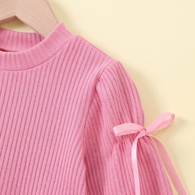 Girls Pink Ribbed Puff Sleeve Top & Flared Pants Co-ord Sets Sets