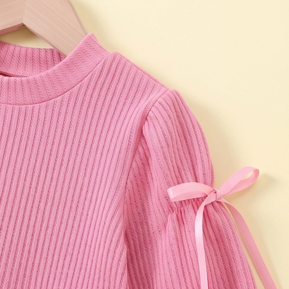 Girls Pink Ribbed Puff Sleeve Top & Flared Pants Co-ord Sets Sets