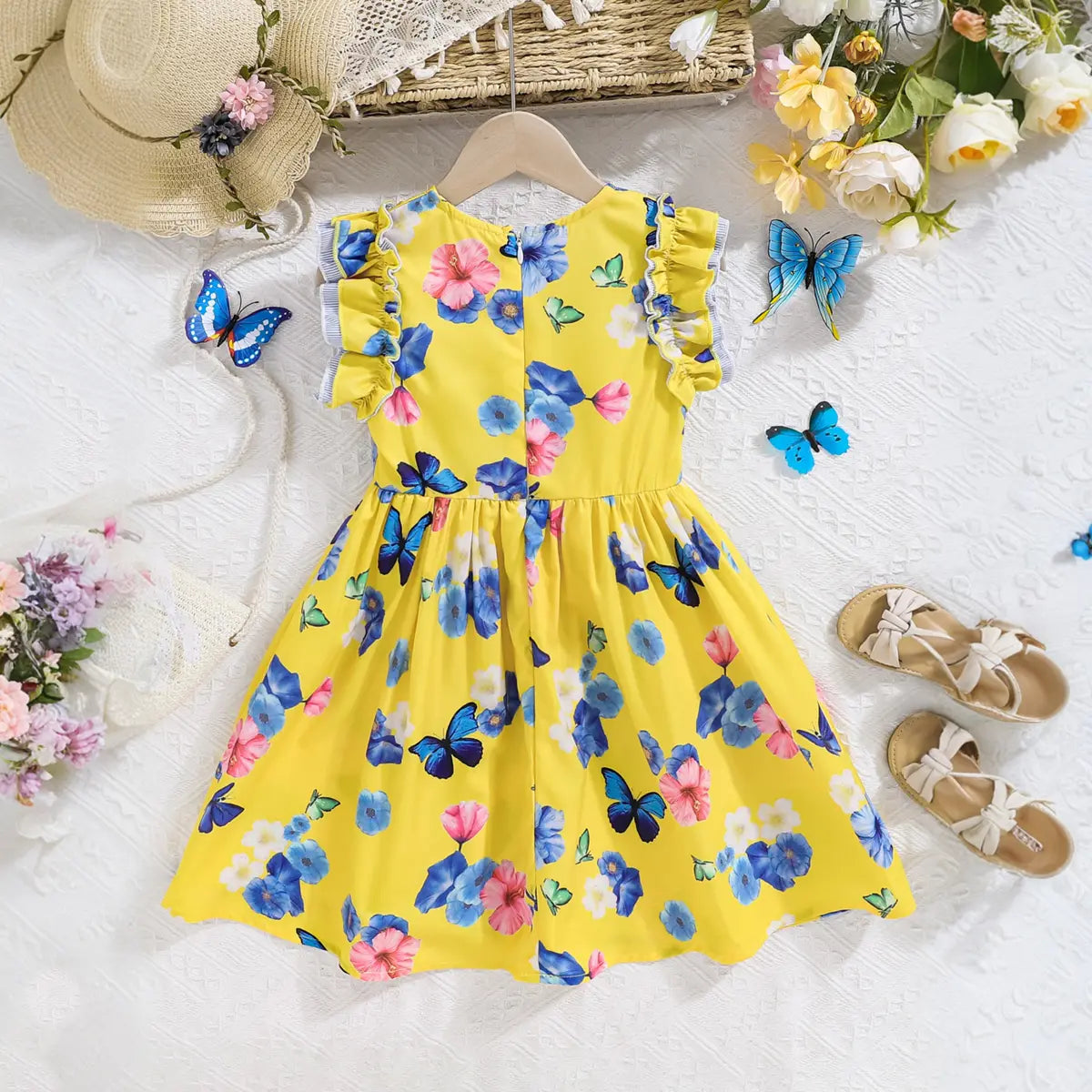Girls Yellow Floral Fit & Flare Dress With Flutter Sleeves Casual Dresses