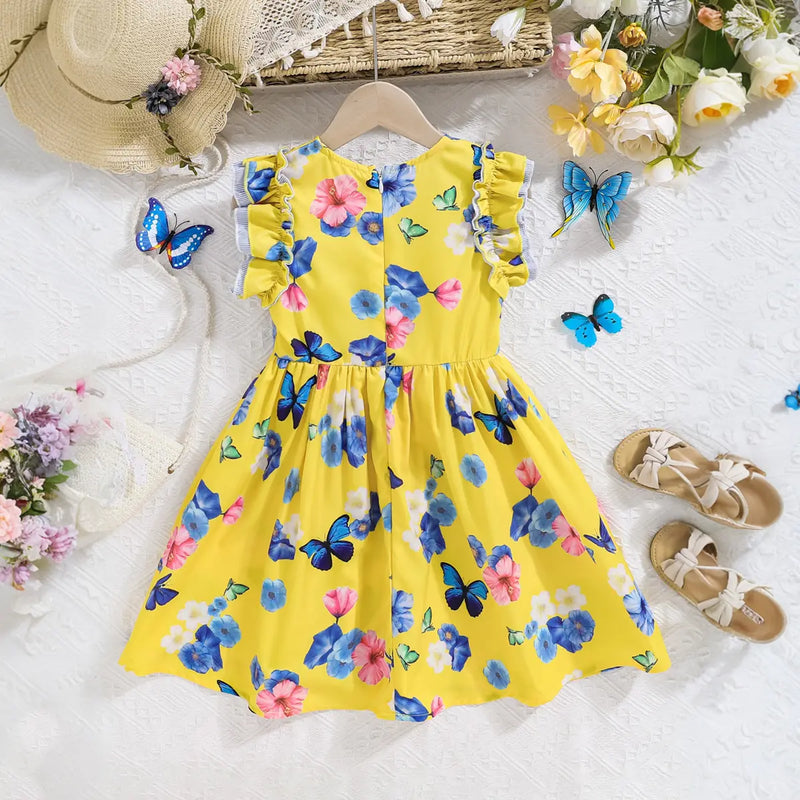 Girls Yellow Floral Fit & Flare Dress With Flutter Sleeves Casual Dresses