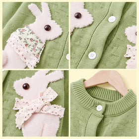 Girls Sage Green Bunny Applique Long Sleeve Cardigan Sweaters & Cardigans