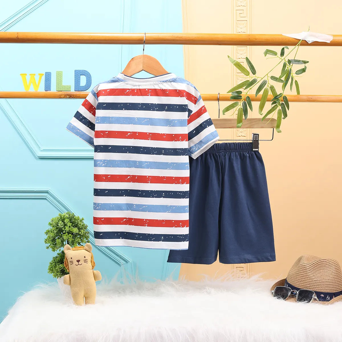 Boys Navy Blue Stripes And Lion Embroidered T-Shirt With Short Sets 2 pc. Sets