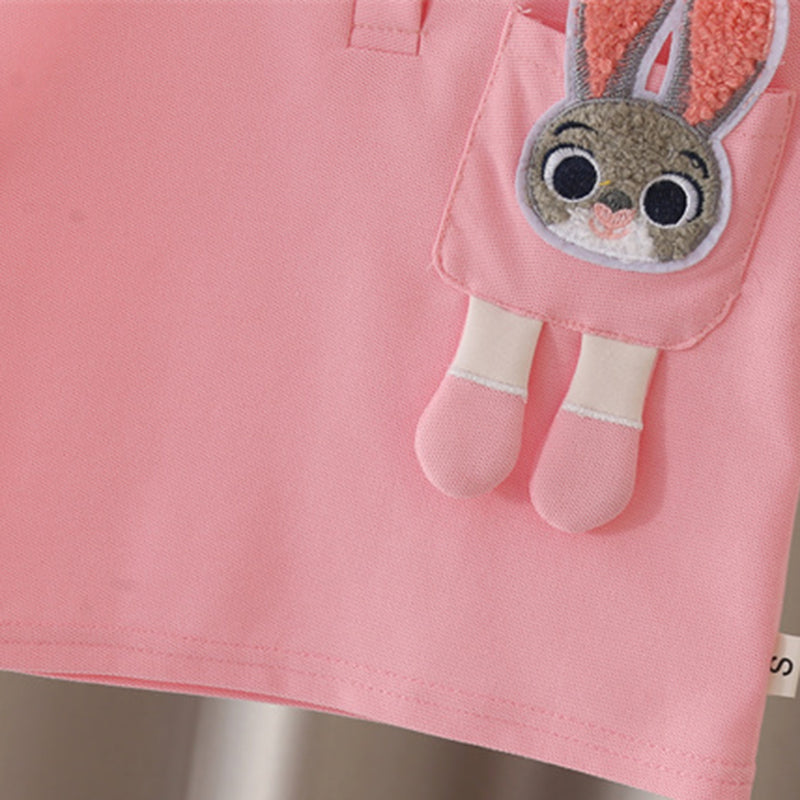 Girls Pink Bunny Appliqued Short Sleeves Polo T-Shirt With Shorts Set 2 pc. Sets