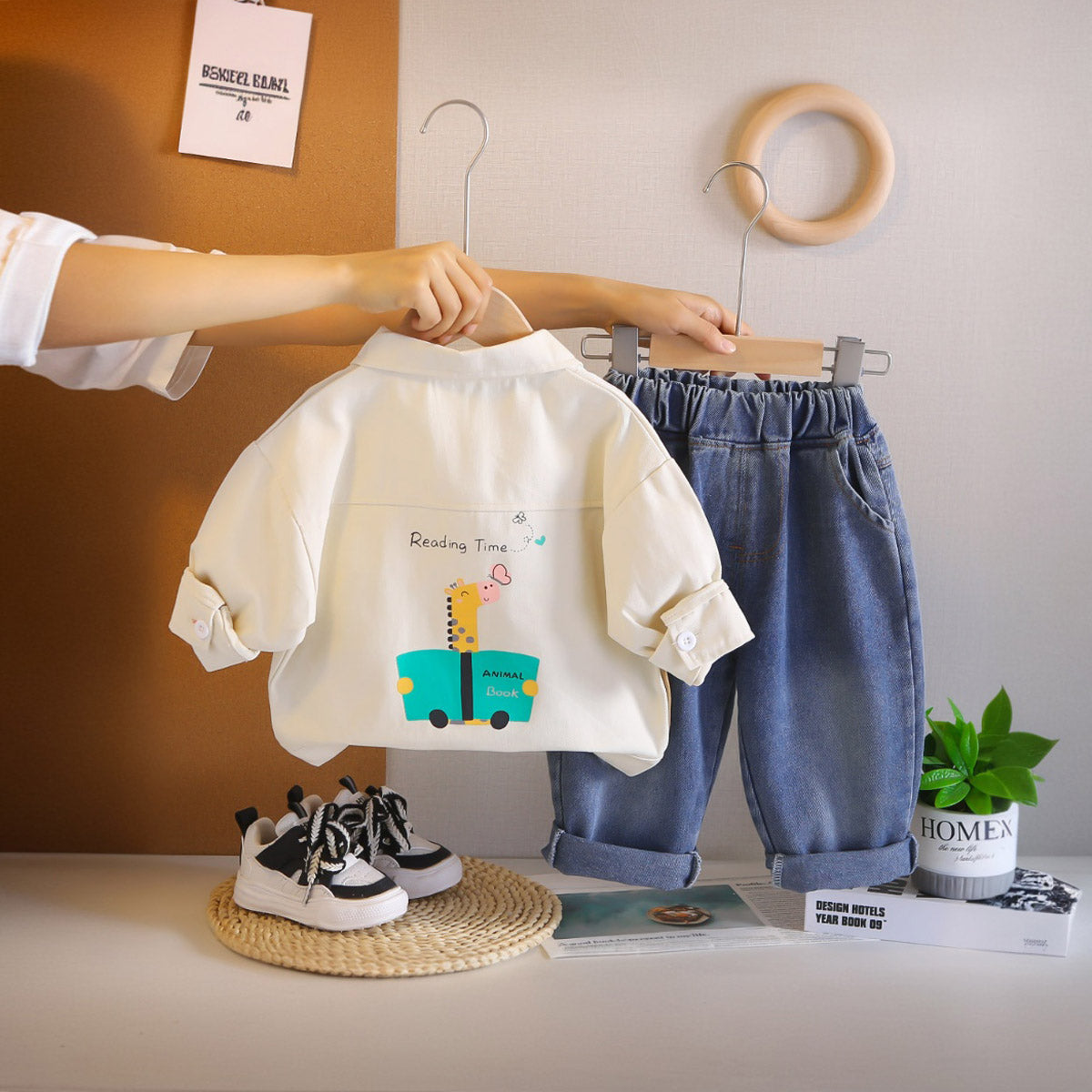 Boys Off White Typographic Printed Shirt With Denim Pants Set 2 pc. Sets