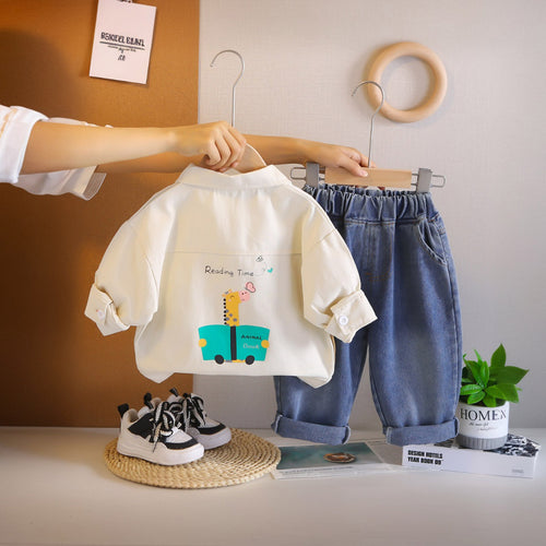 Boys Off White Typographic Printed Shirt With Denim Pants Set 2 pc. Sets