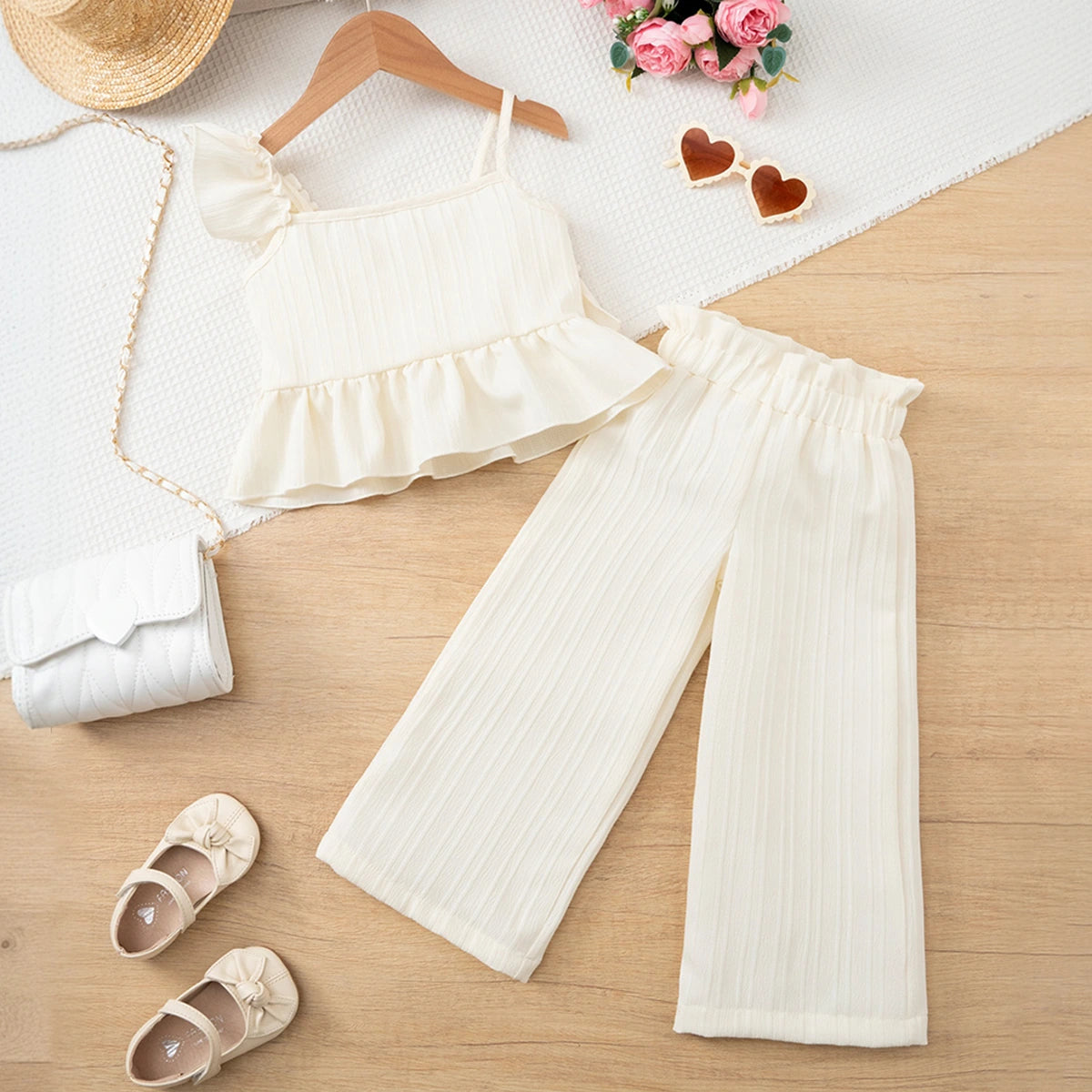 Girls Apricot Textured Sleeveless Peplum Top With Pants Co-ord Sets Sets
