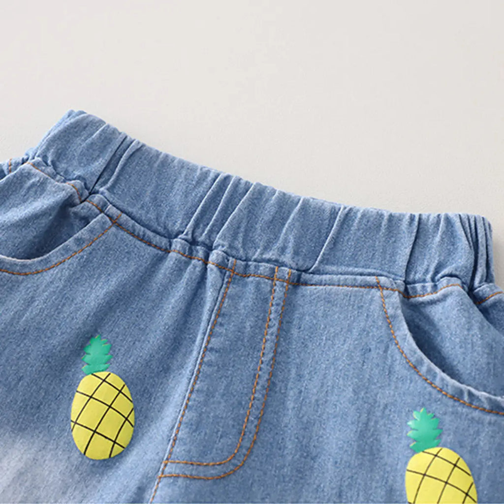 Boys Orange Pineapple Printed Round Neck T-Shirt With Denim Shorts Sets 2 pc. Sets