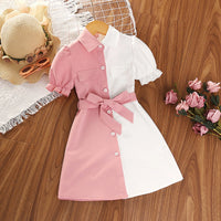 Girls Pink White Colourblocked Puff Sleeve Shirt Dress Casual Dresses Pink 2-3 Y