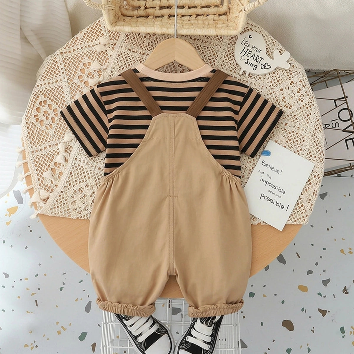 Boys Brown Dog Motif Striped Short Sleeve T-Shirt With Dungaree Sets 2 pc. Sets