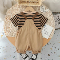 Boys Brown Dog Motif Striped Short Sleeve T-Shirt With Dungaree Sets 2 pc. Sets
