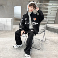 Boys Black Alphanumeric Printed Oversized Zip-up Jacket With Pants Sets Sets