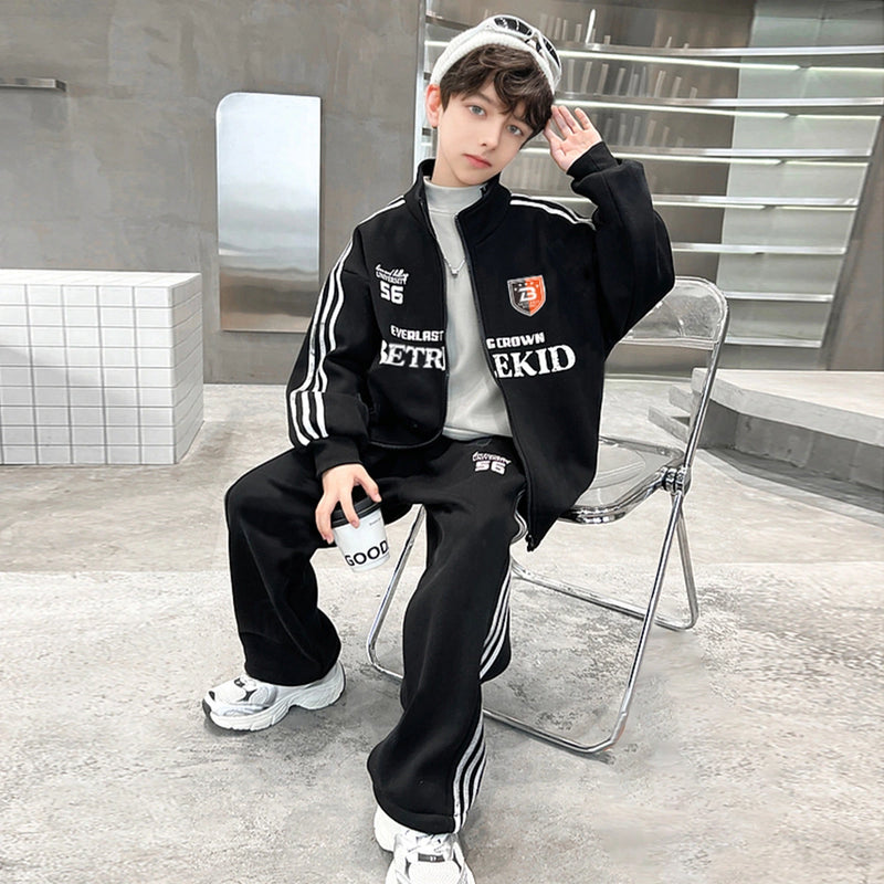 Boys Black Alphanumeric Printed Oversized Zip-up Jacket With Pants Sets Sets