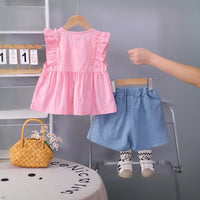 Girls Pink Self Design Top With Pleated Denim Shorts Set Sets