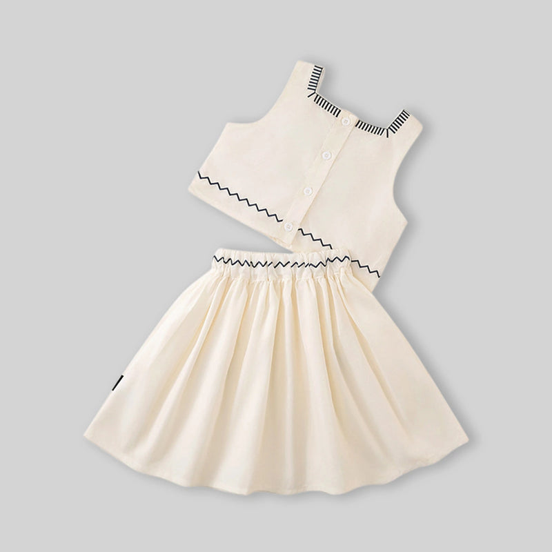 Girls Off White Sleeveless Embroidered Top With Skirt Sets Sets