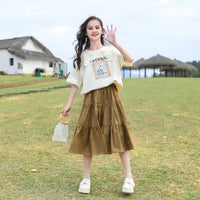 Girls Lace Collar Graphic T-Shirt With Skirt Set 2 pc. Sets Khaki 5-6 Y 