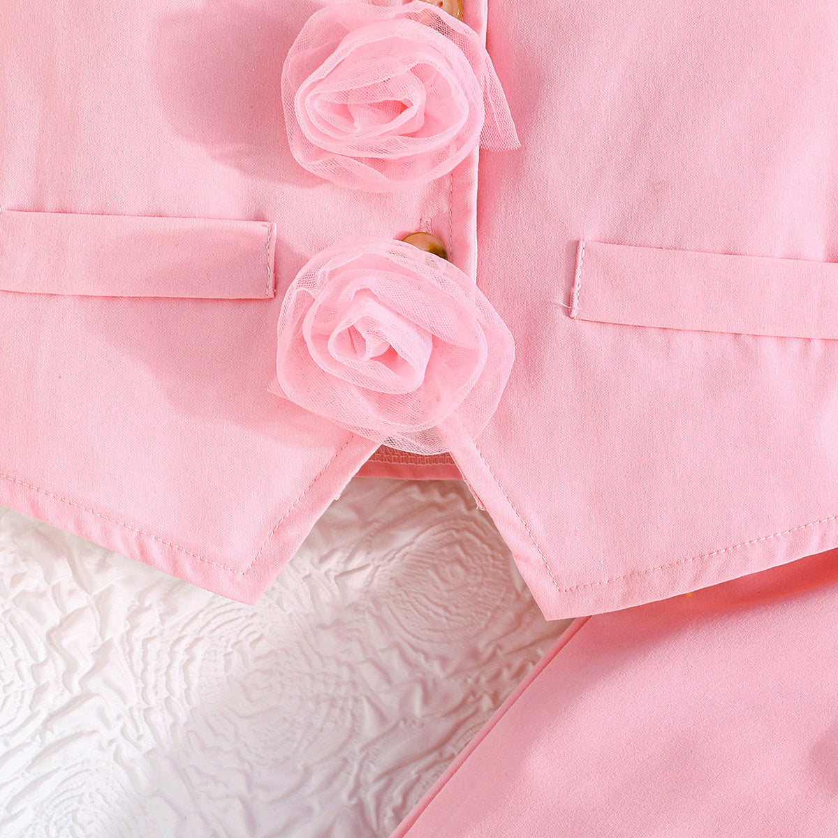 Girls Pink Rose Applique Waistcoat With Crop Top & Trousers Set 3 pc. Sets