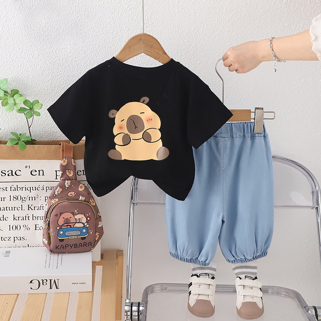 Boys Black Short Sleeves T-Shirt With Denim Pants And Sling Bag Set 3 pc. Sets