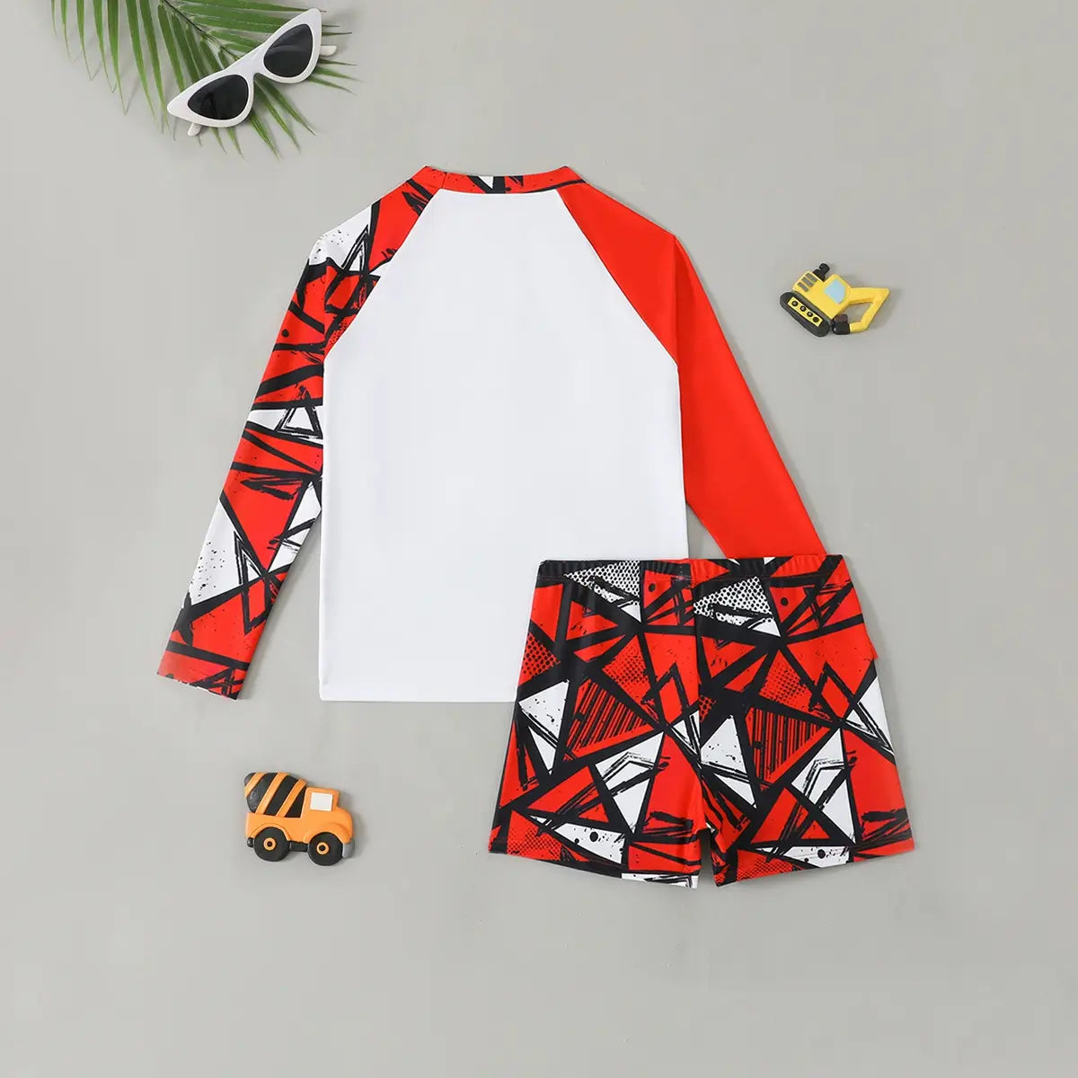 Boys Red Abstract Printed Long Sleeves T-Shirt & Shorts Swimsuit Sets Sets