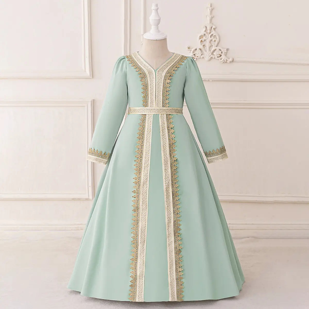 Girls Mint Green Long Sleeves Embroidered Maxi Dress Casual Dresses Green 3-4 Y