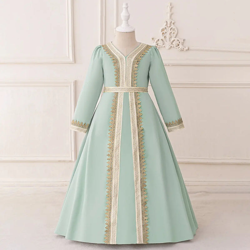 Girls Mint Green Long Sleeves Embroidered Maxi Dress Casual Dresses Green 3-4 Y
