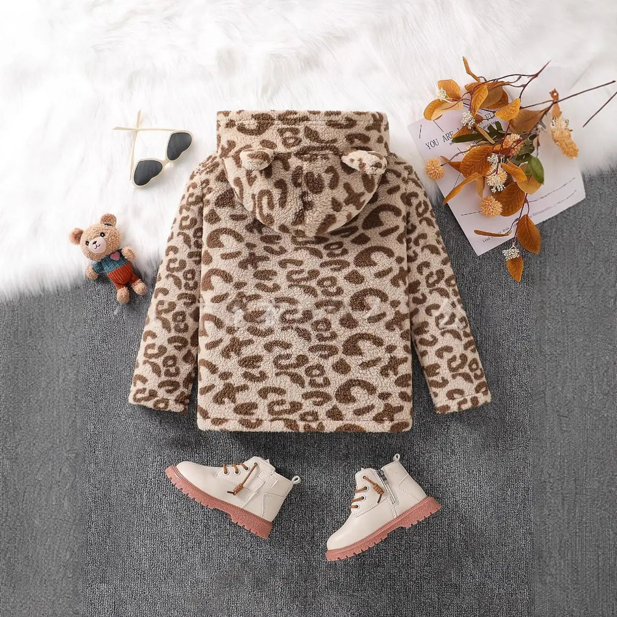 Girls Brown Leopard Print Hooded Zipper Jacket Coats & Jackets
