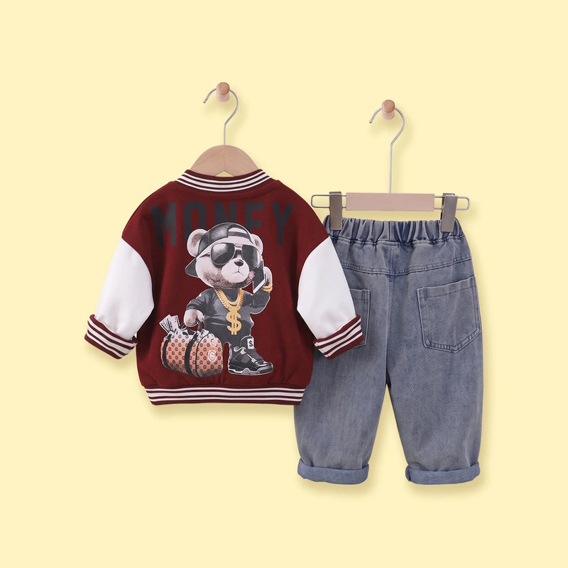 Boys Maroon Graphic Jacket With T-Shirt And Denim Pants Sets 3 pc. Sets