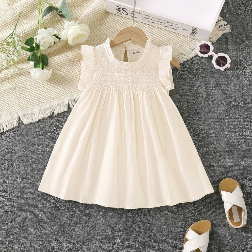 Girls Off-White Embroidered Smocked Sleeveless Fit & Flare Dress Casual Dresses Off White 2-3 Y