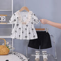 Girls Black Bow Print Puff Sleeve Top With Shorts Sets Sets Black 1-2 Y