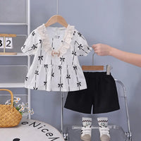 Girls Black Bow Print Puff Sleeve Top With Shorts Sets Sets Black 1-2 Y