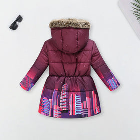 Girls burgundy Graphics Printed Hooded Puffer Jacket Coats & Jackets