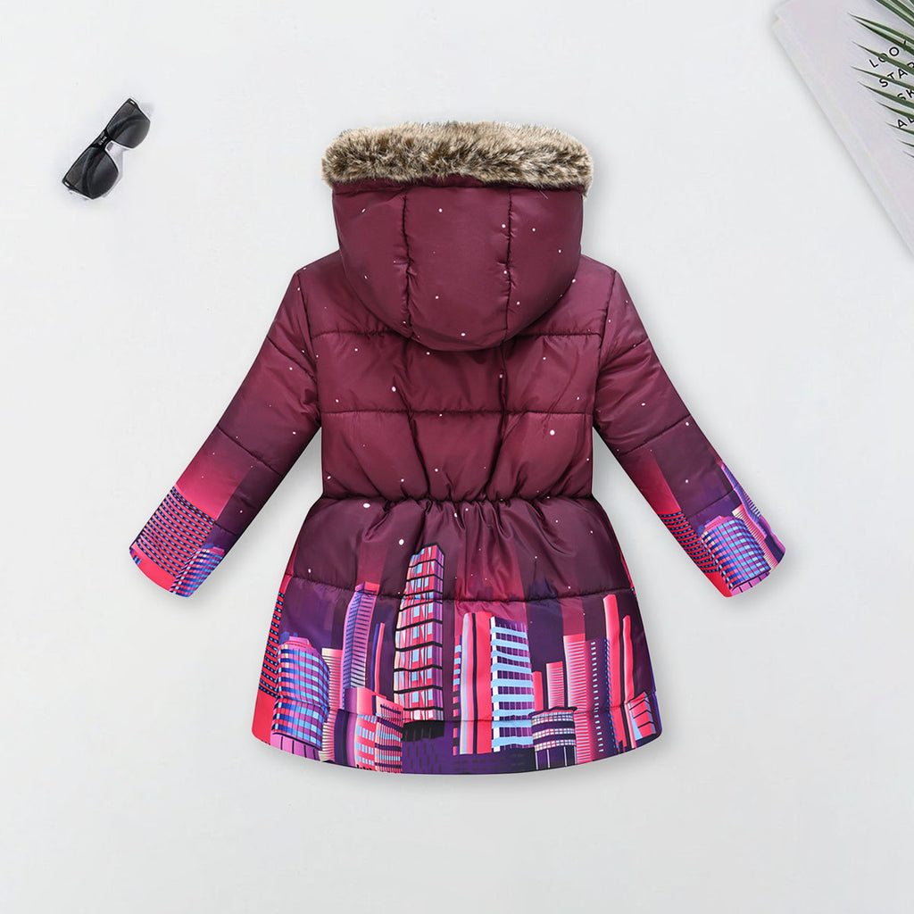 Girls burgundy Graphics Printed Hooded Puffer Jacket Coats & Jackets