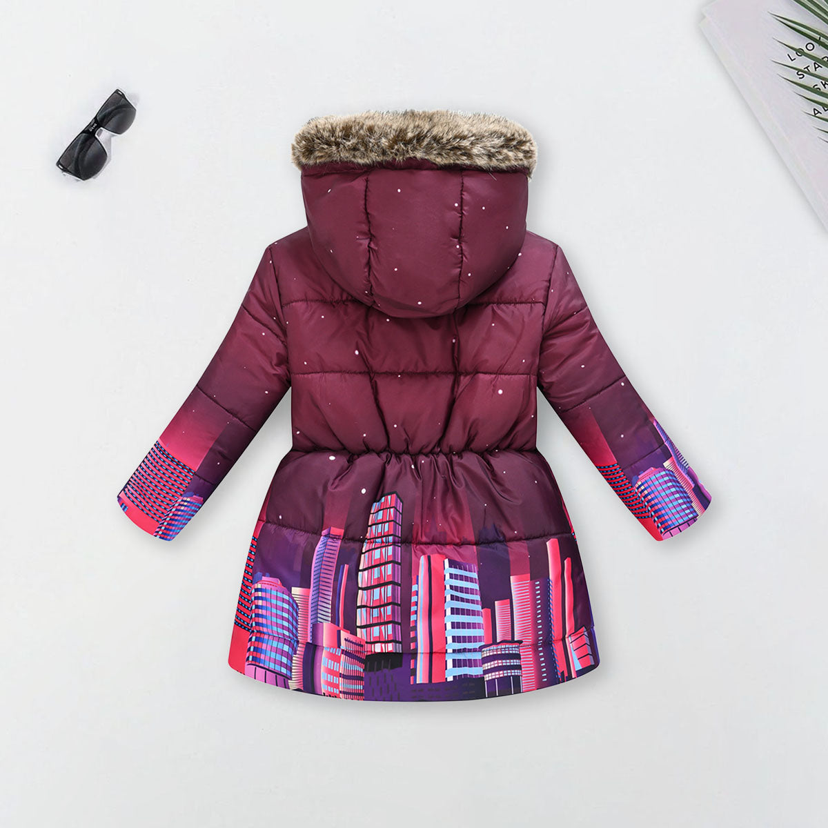 Girls burgundy Graphics Printed Hooded Puffer Jacket Coats & Jackets